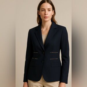 ESCADA Navy Blazer w/ Gold Metallic Tube Bead Trim – EU 40 (US 8)